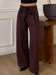 Livesso Women's Solid Color Casual Versatile Daily Wear Long Pants - Coffee Brown - View 4