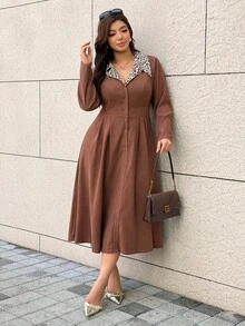 Easura 大尺碼女款秋冬時尚優雅通勤豹紋翻領拼接長袖收腰A字開襟洋裝 - 棕色 - 查看 3