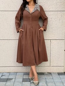 Easura 大尺碼女款秋冬時尚優雅通勤豹紋翻領拼接長袖收腰A字開襟洋裝 - 棕色 - 查看 4