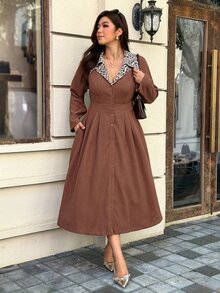 Easura 大尺碼女款秋冬時尚優雅通勤豹紋翻領拼接長袖收腰A字開襟洋裝 - 棕色 - 查看 8