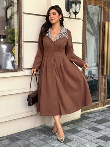 Easura 大尺碼女款秋冬時尚優雅通勤豹紋翻領拼接長袖收腰A字開襟洋裝 - 棕色 - 查看 7