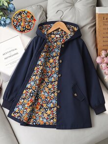 SHEIN 青少年女孩外套 秋季服飾 海軍藍連帽夾克 拉鍊開襟 秋季休閒可愛牛仔女孩校園時尚 梭織單排扣純色花卉社團度假 - 彩色 - 查看 4