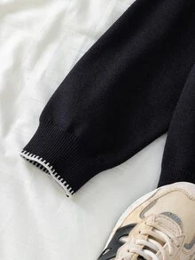 SHEIN 秋季女童棕色與白色波點優雅 2016 學院風圓領長袖針織套頭衫 校園聖誕穿搭 - 黑色 - 查看 4