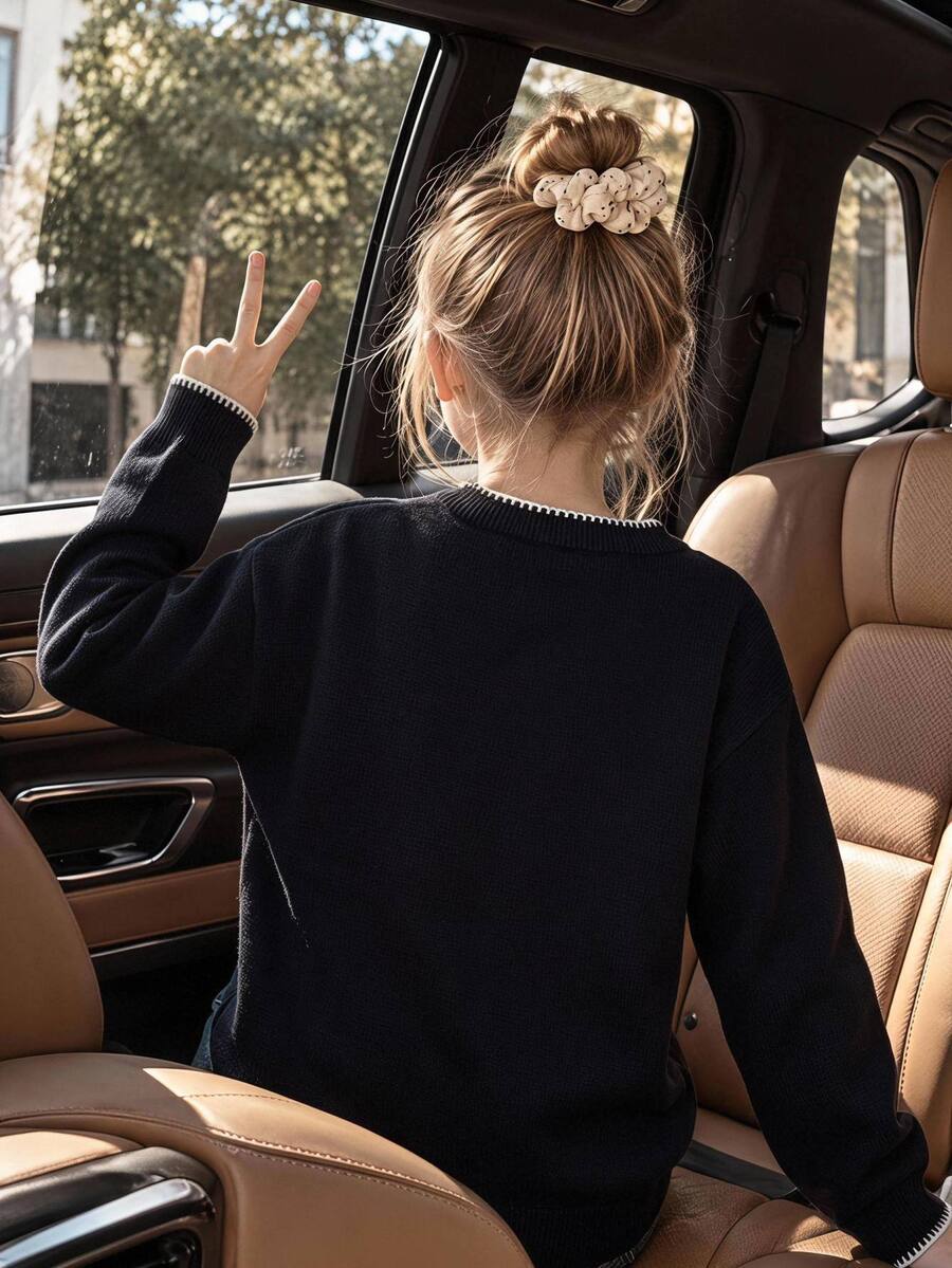 SHEIN 秋季女童棕色與白色波點優雅 2016 學院風圓領長袖針織套頭衫 校園聖誕穿搭 - 黑色 - 查看 1