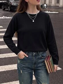SHEIN 秋季女童棕色與白色波點優雅 2016 學院風圓領長袖針織套頭衫 校園聖誕穿搭 - 黑色 - 查看 8