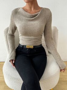 Chiquease 女款復古不對稱垂領抓皺紋理修身長袖T恤秋季上衣 - 杏色 - 查看 6