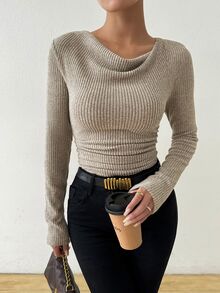 Chiquease 女款復古不對稱垂領抓皺紋理修身長袖T恤秋季上衣 - 杏色 - 查看 8