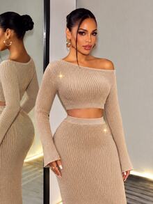 Mistrie Beige Cold Shoulder Knit Set, Cropped Sweater Top And Long Skirt, Ribbed Slim Fit, Elegant Chic Look - Apricot - View 5