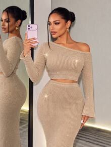 Mistrie Beige Cold Shoulder Knit Set, Cropped Sweater Top And Long Skirt, Ribbed Slim Fit, Elegant Chic Look - Apricot - View 4