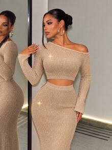 Mistrie Beige Cold Shoulder Knit Set, Cropped Sweater Top And Long Skirt, Ribbed Slim Fit, Elegant Chic Look - Apricot - View 1
