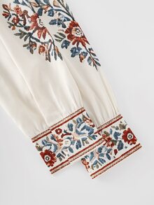 Trelyra Women's Floral Embroidered Frog Button Design Long Sleeve Elegant Blouse - Apricot - View 6