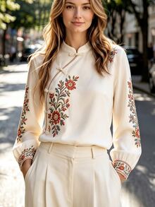 Trelyra Women's Floral Embroidered Frog Button Design Long Sleeve Elegant Blouse - Apricot - View 1