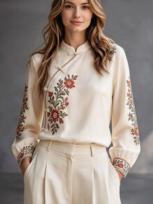Trelyra Women's Floral Embroidered Frog Button Design Long Sleeve Elegant Blouse - Apricot - View 4