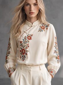 Trelyra Women's Floral Embroidered Frog Button Design Long Sleeve Elegant Blouse - Apricot - View 3