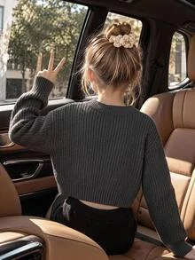 SHEIN 青少年女孩純色圓領休閒百搭日常穿著長袖針織衫 秋冬套頭衫 - 深灰色 - 查看 1