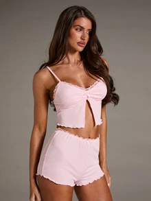 SHEIN BAE 女士休闲粉色性感睡衣套装 - 粉色 - 查看 6
