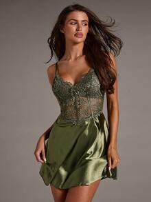 SHEIN BAE Mature Sexy Lace Fishbone Bodycon Faux Silk Satin Bow Decor Women Slip Dress - Army Green - View 5