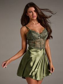 SHEIN BAE Mature Sexy Lace Fishbone Bodycon Faux Silk Satin Bow Decor Women Slip Dress - Army Green - View 6