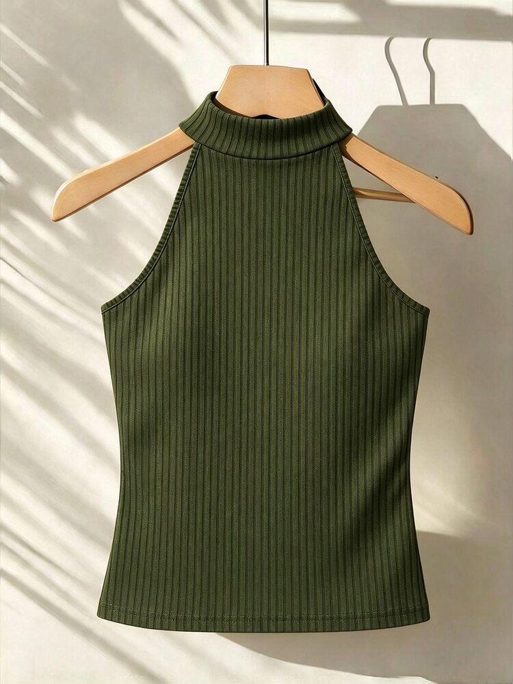 Franclia Women's Fashion Versatile Halter Neck Knit Tank Top For Vacation And Travel - Army Green - View 2