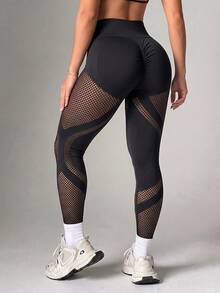 Slayform Women's Patchwork Fishnet High Waist Casual Sports Leggings - Black - View 2