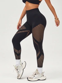 Slayform Women's Patchwork Fishnet High Waist Casual Sports Leggings - Black - View 5