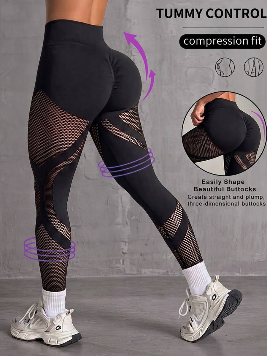 Slayform Women's Patchwork Fishnet High Waist Casual Sports Leggings - Black - View 1