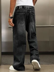 Manfinity EMRG Men's Street Fashion Distressed Patchwork Vintage Washed Wide Leg Pants - Dark Grey - View 2