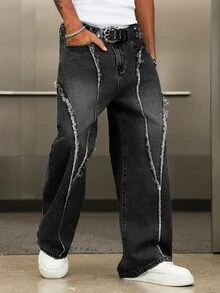 Manfinity EMRG Men's Street Fashion Distressed Patchwork Vintage Washed Wide Leg Pants - Dark Grey - View 1