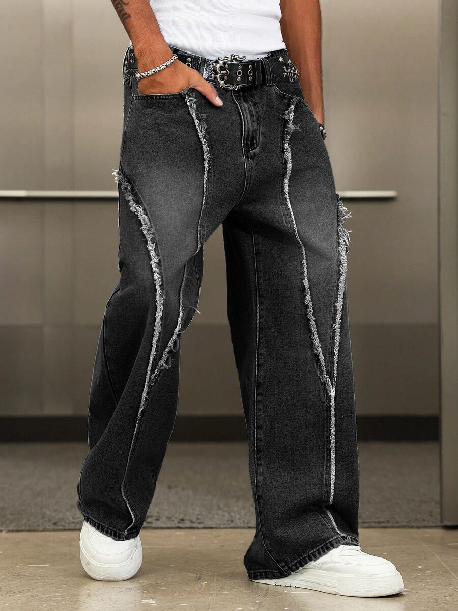 Manfinity EMRG Men's Street Fashion Distressed Patchwork Vintage Washed Wide Leg Pants - Dark Grey - View 1