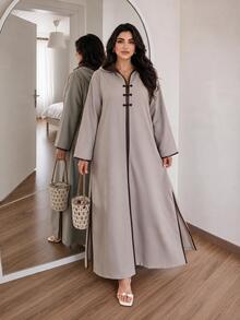 Al Najma Plus Size Women's Colorblock Casual Party Arabic Hooded Abaya - Khaki - View 3