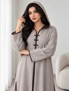 Al Najma Plus Size Women's Colorblock Casual Party Arabic Hooded Abaya - Khaki - View 1