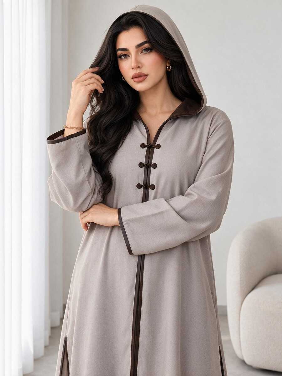 Al Najma Plus Size Women's Colorblock Casual Party Arabic Hooded Abaya - Khaki - View 1