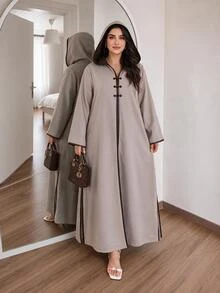 Al Najma Plus Size Women's Colorblock Casual Party Arabic Hooded Abaya - Khaki - View 8