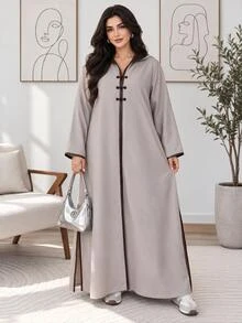 Al Najma Plus Size Women's Colorblock Casual Party Arabic Hooded Abaya - Khaki - View 4