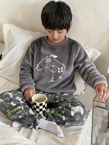 SHEIN 青少年男孩秋冬長袖上衣與長褲舒適居家睡衣2件套，遊戲控制器印花圖案 - 灰色 - 查看 1