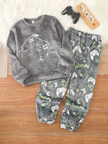 SHEIN 青少年男孩秋冬長袖上衣與長褲舒適居家睡衣2件套，遊戲控制器印花圖案 - 灰色 - 查看 4