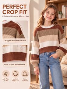 Tween Girls Sweater, Cropped Ribbed Crew Neck Long Sleeve Striped Brown Beige White Pullover Sweater - Multicolor - View 6