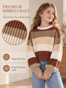 Tween Girls Sweater, Cropped Ribbed Crew Neck Long Sleeve Striped Brown Beige White Pullover Sweater - Multicolor - View 4