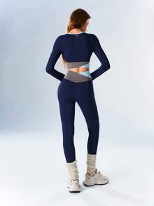 VARSIVA Women's Colorblock Long Sleeve Cropped T-Shirt And Leggings Sports Set - Multicolor - View 7