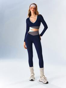 VARSIVA Women's Colorblock Long Sleeve Cropped T-Shirt And Leggings Sports Set - Multicolor - View 5