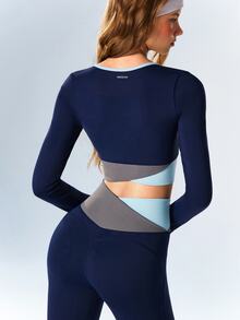 VARSIVA Women's Colorblock Long Sleeve Cropped T-Shirt And Leggings Sports Set - Multicolor - View 10