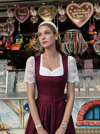 Fairmaia German Traditional Elegant Jacquard Collar Self-Tie Belt Flared Hem Dress For Women, Halloween