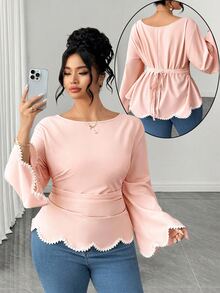 Elenzga Plus Size Round Neck Long Sleeve Ruffle Sleeve Black & White Decor Wavy Edge Cinched Waist A-Line Hem Lace Trim Wavy Edge Blouse Elegant Outing Daily Commute Date Party Blouse - Pink - View 8