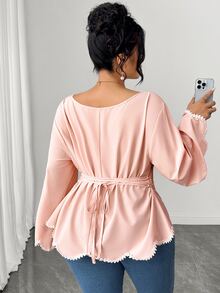 Elenzga Plus Size Round Neck Long Sleeve Ruffle Sleeve Black & White Decor Wavy Edge Cinched Waist A-Line Hem Lace Trim Wavy Edge Blouse Elegant Outing Daily Commute Date Party Blouse - Pink - View 2