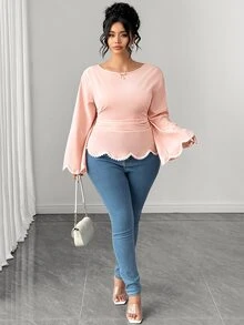 Elenzga Plus Size Round Neck Long Sleeve Ruffle Sleeve Black & White Decor Wavy Edge Cinched Waist A-Line Hem Lace Trim Wavy Edge Blouse Elegant Outing Daily Commute Date Party Blouse - Pink - View 6