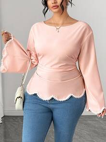 Elenzga Plus Size Round Neck Long Sleeve Ruffle Sleeve Black & White Decor Wavy Edge Cinched Waist A-Line Hem Lace Trim Wavy Edge Blouse Elegant Outing Daily Commute Date Party Blouse - Pink - View 5