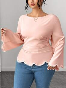 Elenzga Plus Size Round Neck Long Sleeve Ruffle Sleeve Black & White Decor Wavy Edge Cinched Waist A-Line Hem Lace Trim Wavy Edge Blouse Elegant Outing Daily Commute Date Party Blouse - Pink - View 4