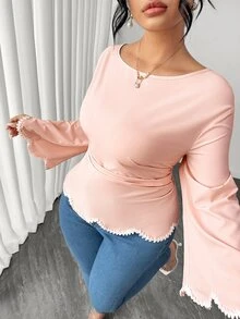 Elenzga Plus Size Round Neck Long Sleeve Ruffle Sleeve Black & White Decor Wavy Edge Cinched Waist A-Line Hem Lace Trim Wavy Edge Blouse Elegant Outing Daily Commute Date Party Blouse - Pink - View 7