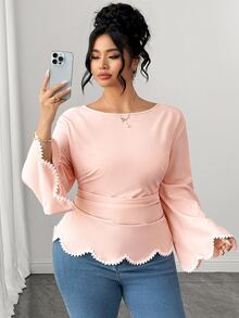 Elenzga Plus Size Round Neck Long Sleeve Ruffle Sleeve Black & White Decor Wavy Edge Cinched Waist A-Line Hem Lace Trim Wavy Edge Blouse Elegant Outing Daily Commute Date Party Blouse - Pink - View 3