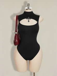SHEIN ICON 大码女士性感纯色无袖镂空连体衣，夏季 - 黑色 - 查看 9
